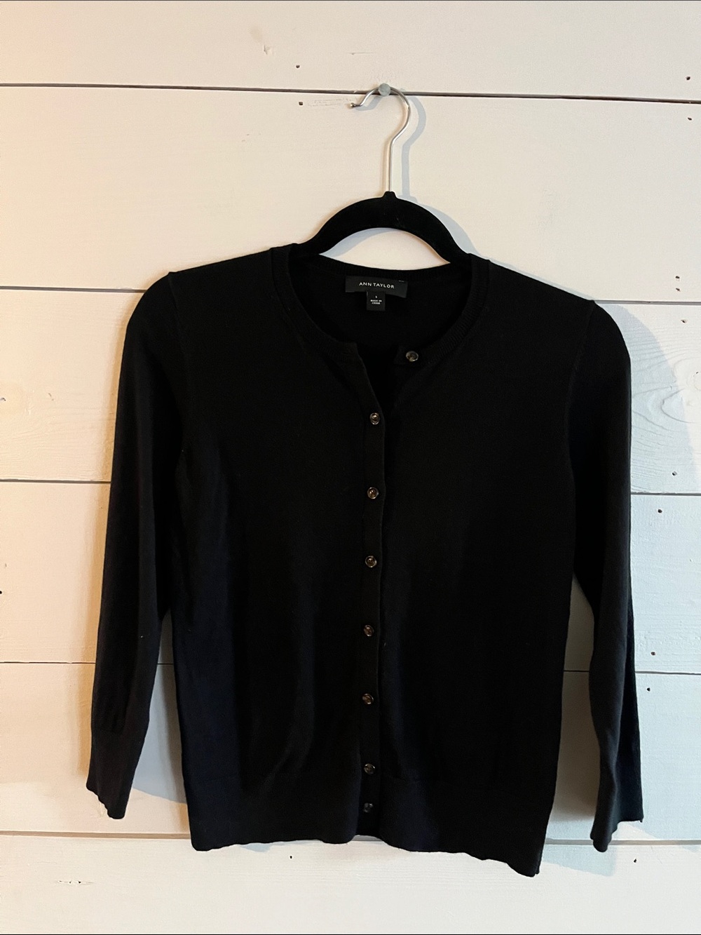 Ann Taylor Black Crewneck Button-Front Cardigan
